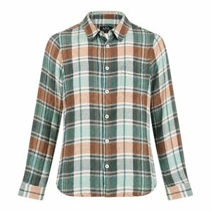 A.P.C. Shirt Women S Green‎ Brown Plaid Linen L/S Casual Coastal Beach Luxury